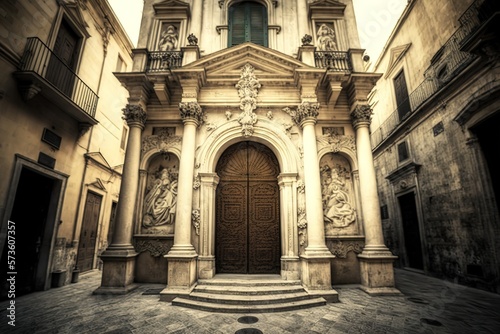 Matera, Italy - 15.02.19: Entrance of baroque styled Chiesa di Santa Chiara, dated C 16th, located next to the National Archaeological Museum 