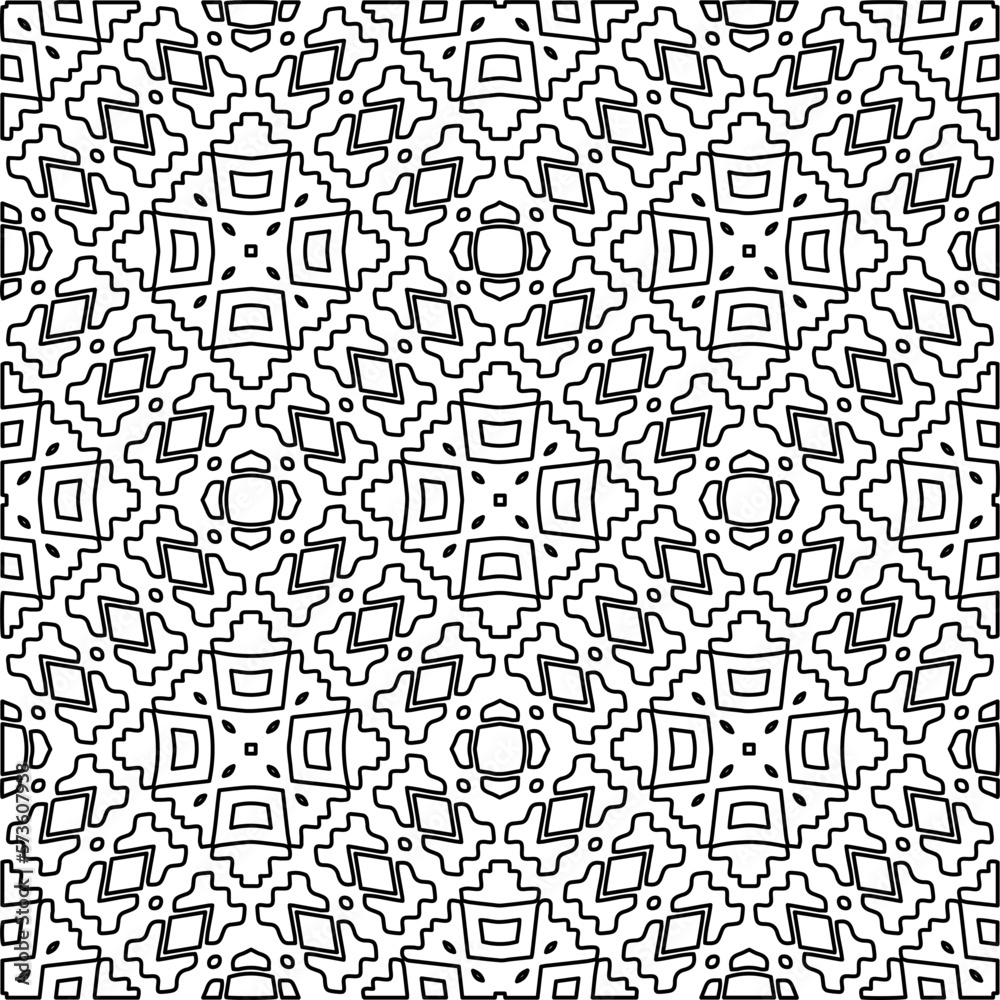 
 Monochrome ornamental texture with smooth linear shapes, zigzag lines, lace pattern.Abstract geometric black and white pattern for web page, textures, card, poster, fabric, textile.