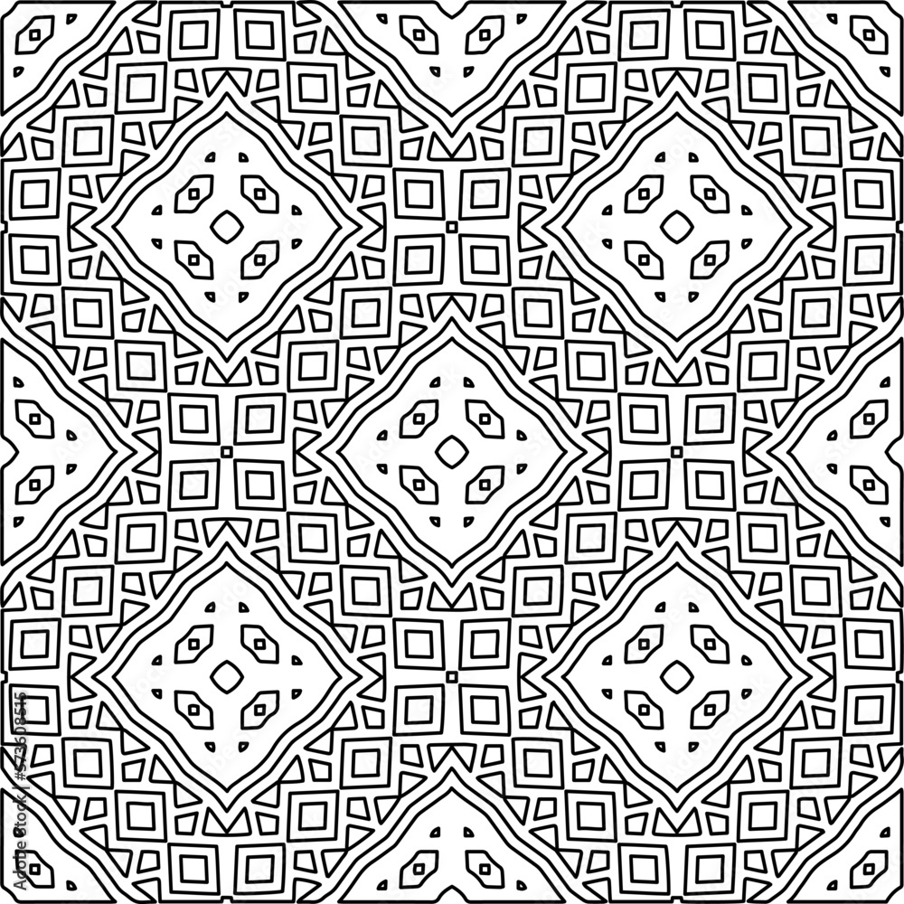  Monochrome ornamental texture with smooth linear shapes, zigzag lines, lace pattern.Abstract geometric black and white pattern for web page, textures, card, poster, fabric, textile.
