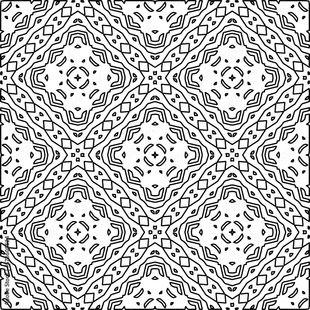  Monochrome ornamental texture with smooth linear shapes, zigzag lines, lace pattern.Abstract geometric black and white pattern for web page, textures, card, poster, fabric, textile.