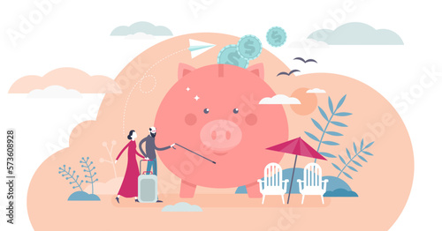 Retirement savings concept, flat tiny persons illustration, transparent background. Elder couple traveling to the vacation destination for leisure time. Stylized piggy bank with cash and beach beds.