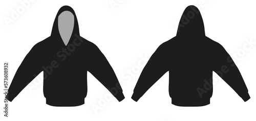 Black Hoodie (long sleeve and hood) vector template (front and back) mockup isolated on white background.