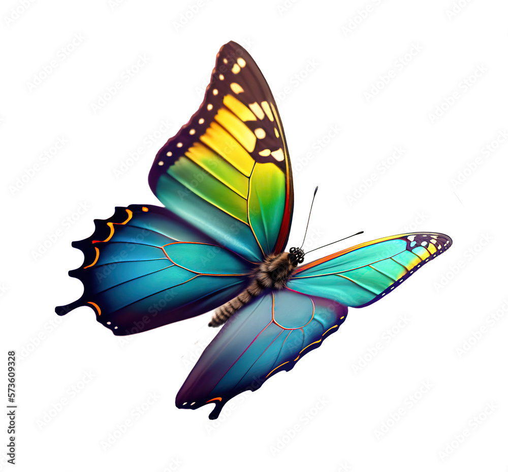 Very beautiful blue yellow green butterfly in flight isolated on a transparent background.