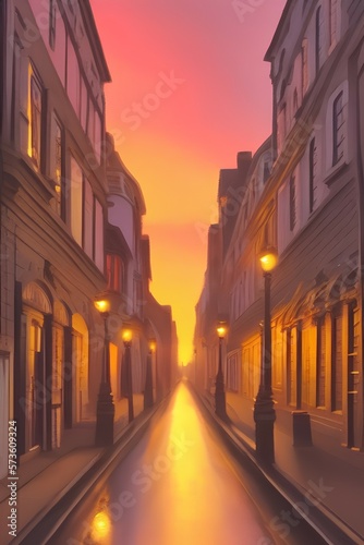 Painting of a victorian style street with sunset - generative ai