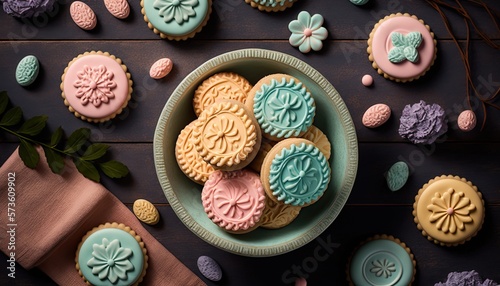 top view on cookies with icing decorations, pastel colors, generative AI