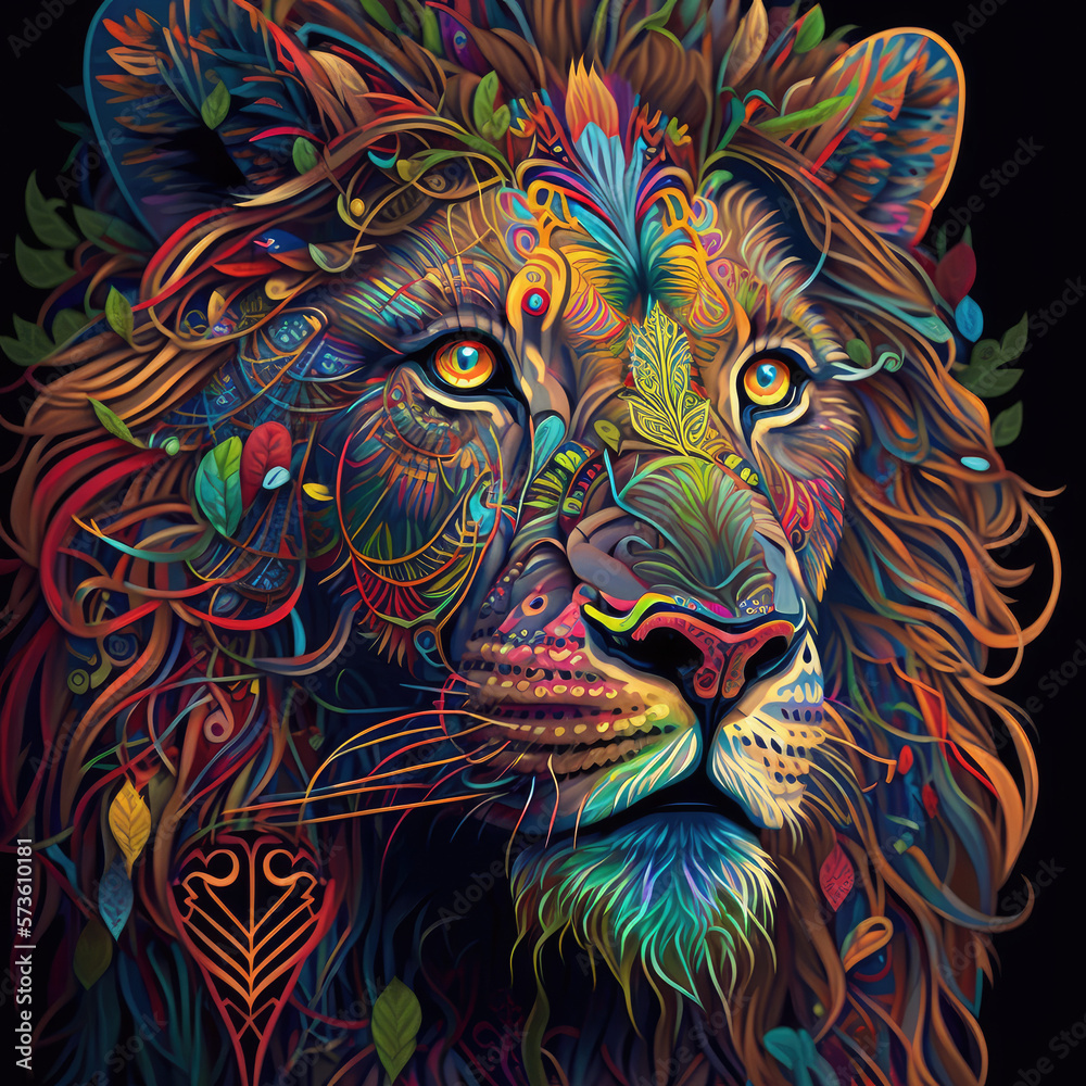 Lion, colorful, intricate details 