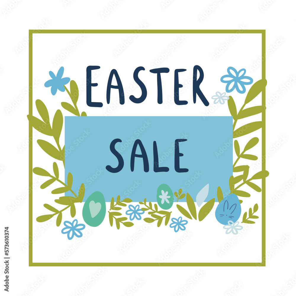 Happy Easter banner, poster, plate, price tag. Design with typography, rabbits, flowers, eggs, rabbit ears, in pastel colors.