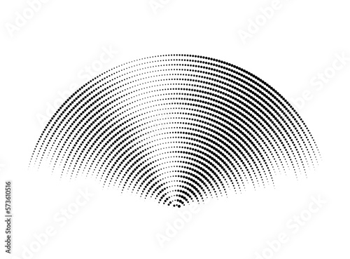 Dotted sound wave signal. Radio or music audio concept. Epicentre or radar icon. Textured radial signal or vibration elements. Impulse curve lines. Concentric ripple semi circles. Vector