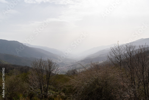 Panoramic view of Tornavacas in the Jerte Valley with a little fog, in the north of Cáceres, Extremadura, Spain
