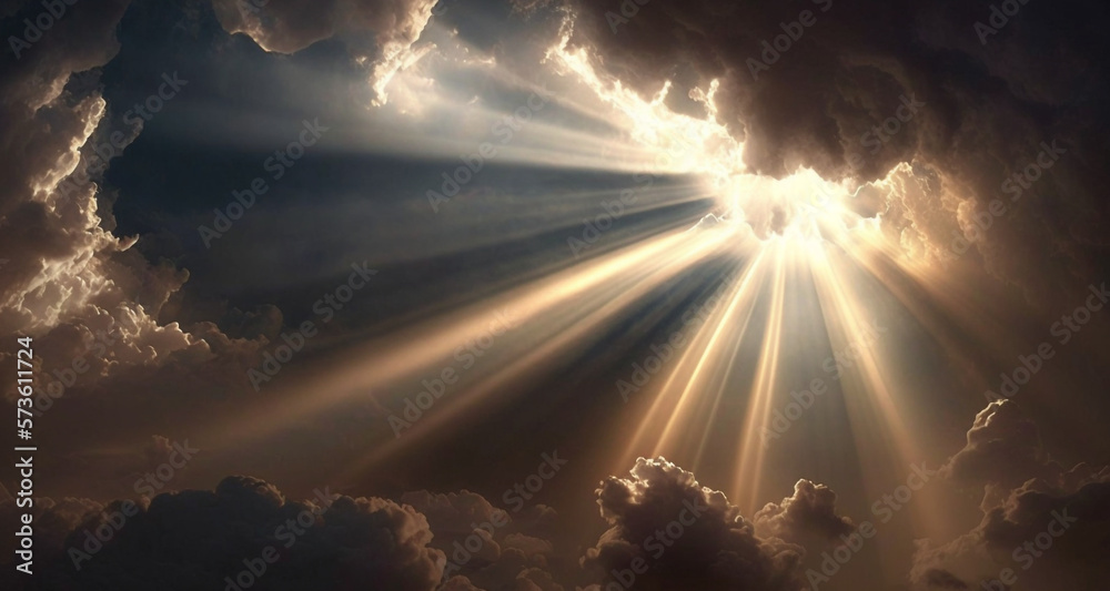 Heavenly rays of light in the clouds. Dreamy inspiring hope concept. Sun rays from heaven. Blessed light.