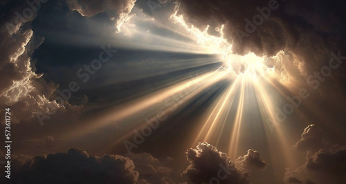 Heavenly rays of light in the clouds. Dreamy inspiring hope concept. Sun rays from heaven. Blessed light. photo