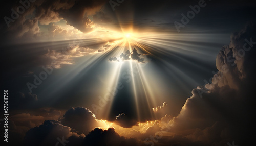 Heavenly rays of light in the clouds. Dreamy inspiring hope concept. Sun rays from heaven. Blessed light.