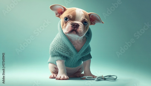 Cute puppy in clothes. Funny pet. AI generated