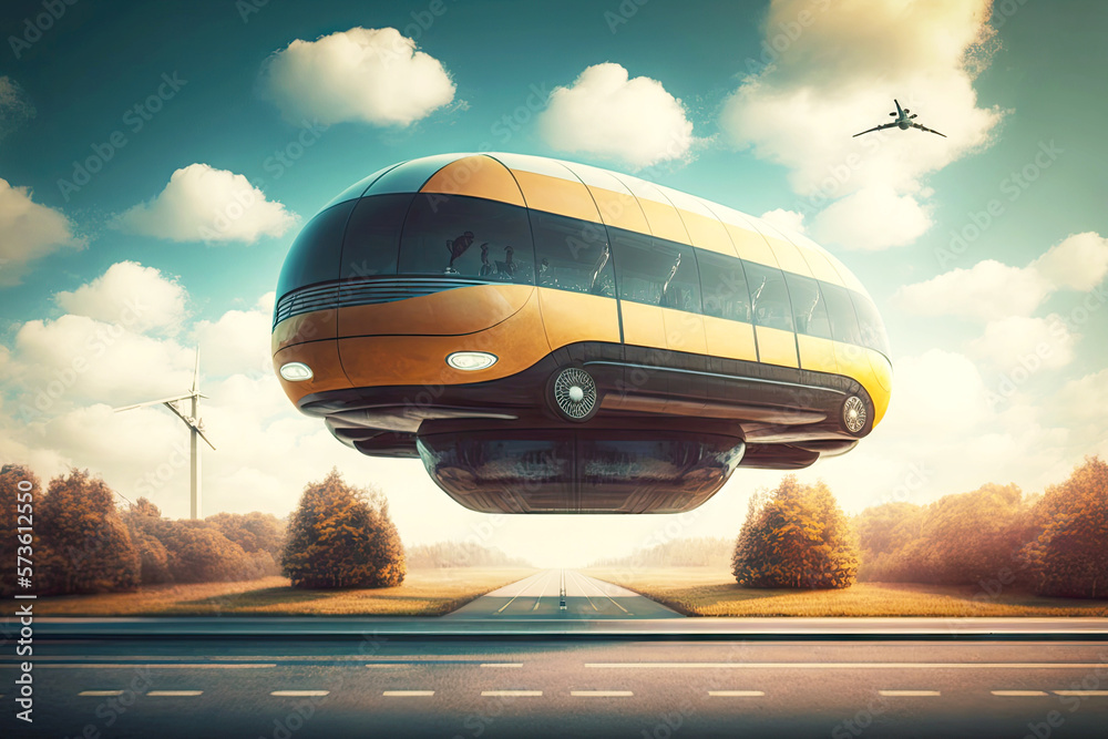 flying bus with levitation on roads of future autonomous city
