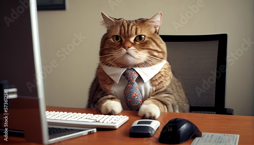 A picture of a confused-looking cat wearing a tie, sitting at a desk with a computer