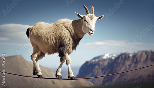 A picture of a goat balancing on a tightrope generative AI photo