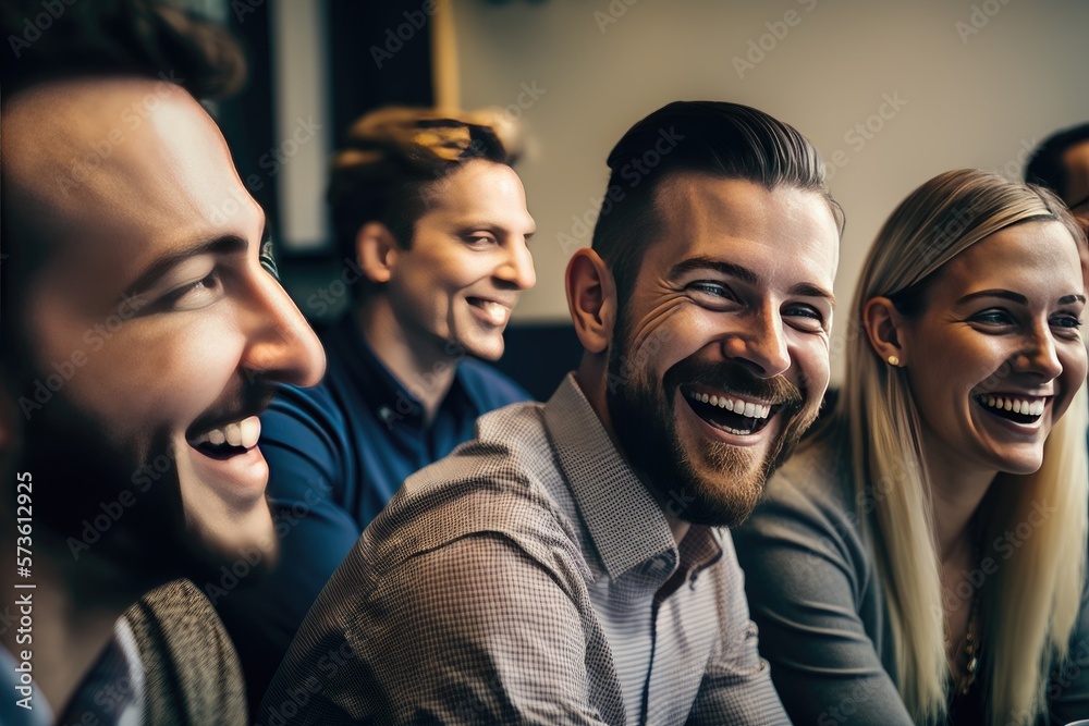 Group of happy young business people working and meeting at office, AI generated Group of happy young business people working and meeting at office, AI generated