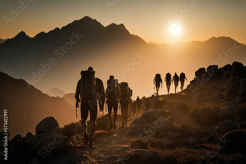 Behind view of group of hiker tourists walks on mountains at sunset  silhouette  generative ai