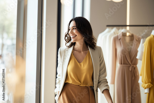 Happy woman shopping, a woman with a radiant smile browsing through a high-end fashion boutique filled with designer clothes, shoes, and accessories, AI generated photo