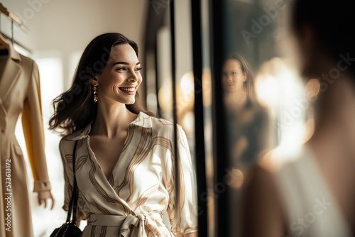 Happy woman shopping, a woman with a radiant smile browsing through a high-end fashion boutique filled with designer clothes, shoes, and accessories, AI generated