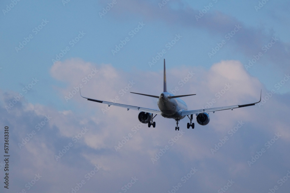 Commercial aircraft overflying the sky and arriving at airport