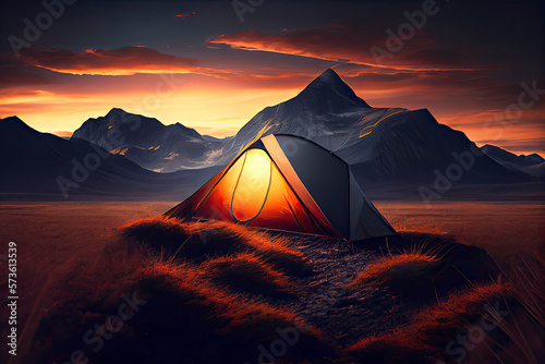 a tent is pitched up in a field with mountains in the background and a sunset in the sky above it
