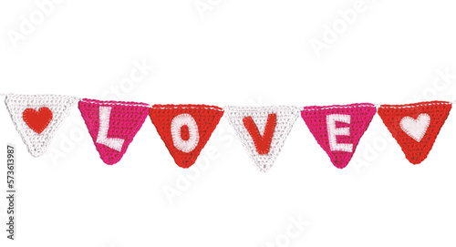Knitted flags line with triangular flags with the letters: love. Cut out on a transparent background.