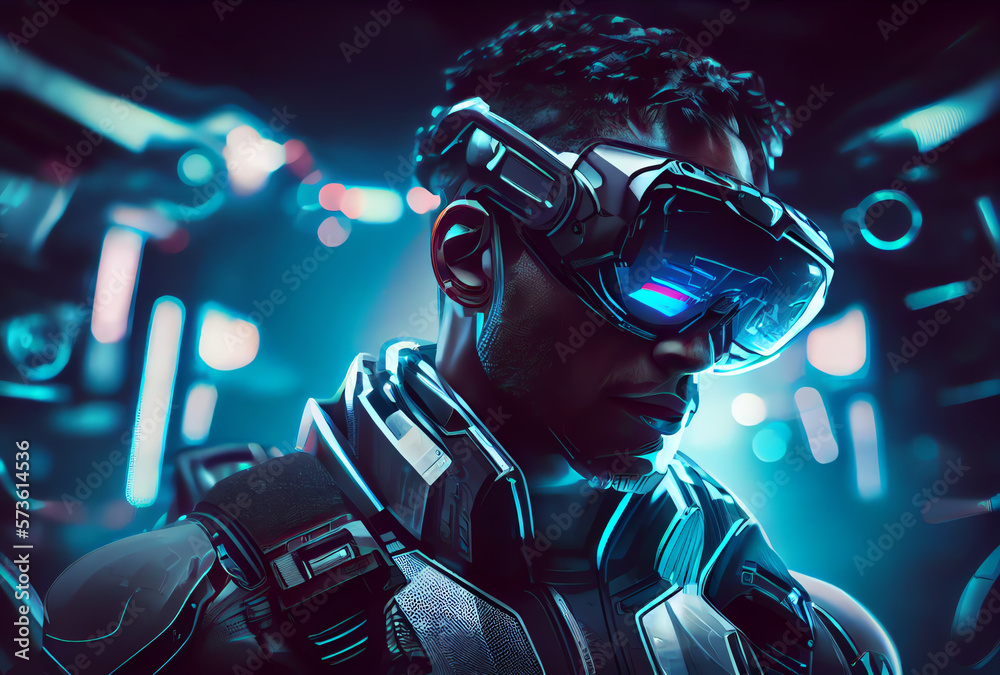 man wearing virtual reality headset in a futuristic cyberpunk city, generative ai man wearing virtual reality headset in a futuristic cyberpunk city, generative ai