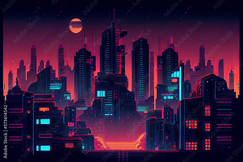 Cyberpunk neon city night. Futuristic city scene in a style of pixel art.  Backdrop. Wallpaper. Retro future 3D illustration. Urban scene. Stock  Illustration | Adobe Stock