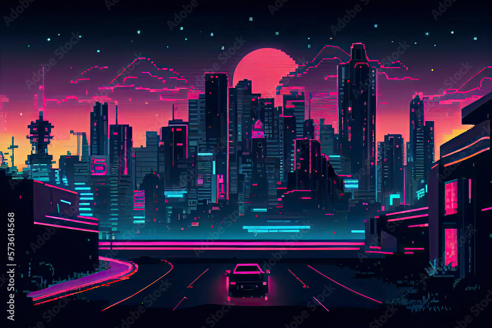 Cyberpunk neon city night. Futuristic city scene in a style of pixel ...