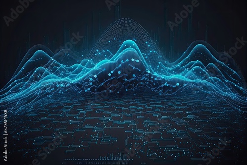 Futuristic big data visualization wave connecting neural network and moving on earth.Generative AI