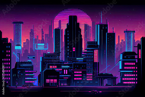 Cyberpunk neon city night. Futuristic city scene in a style of pixel art. 80's wallpaper. Retro future
