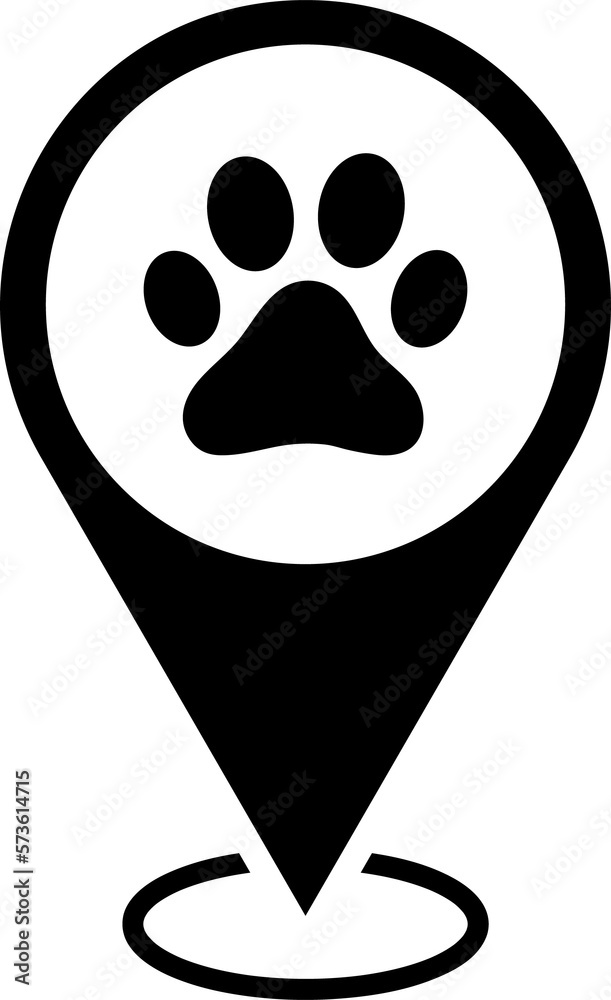 pet store location map pointer, dog paw icon with location pin, black