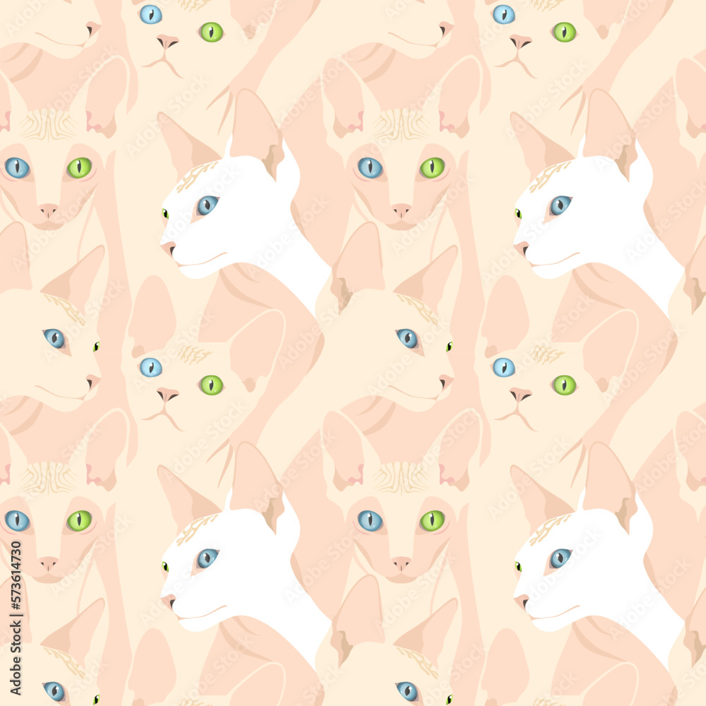 Sphynx cats of light white color. Animal seamless pattern, print, background. Vector illustration