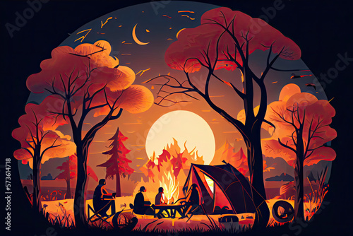 Family enjoying vacation camping at countryside in Autumn,Group of People sitting near the tent