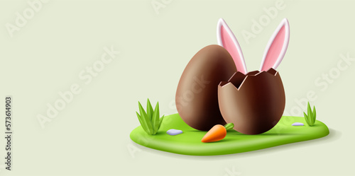 3d Easter banner with chocolate egg, bunny ears hiding behind, carrot on an island on green grass