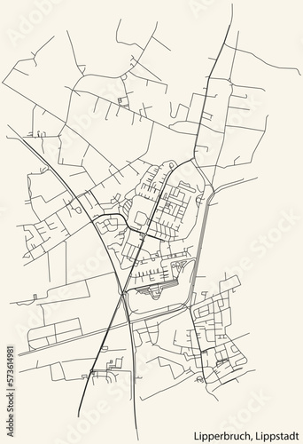 Detailed hand-drawn navigational urban street roads map of the LIPPERBRUCH BOROUGH of the German town of LIPPSTADT, Germany with vivid road lines and name tag on solid background