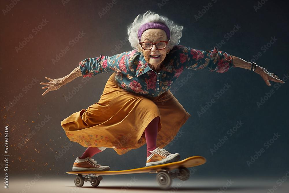 An acrobatic cute happy and smiling granny ride the skateboard - AI generative