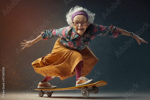 An acrobatic cute happy and smiling granny ride the skateboard - AI generative photo