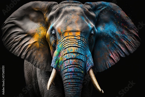 Portrait face of an elephant with rainbow colors paint , isolated on black, generative AI