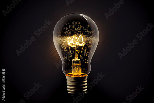 Sparkling light bulb on black background with ample copy space