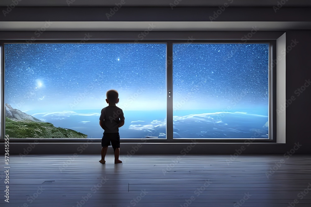 A Kid Watching Out At Big Window Open To Galaxy Sky. Midnight Time. Idea For Imagination And Dream Concept. Generative AI