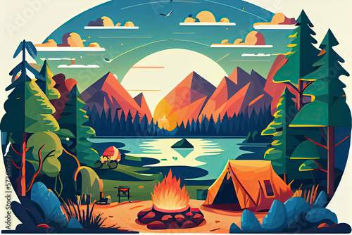 Sunny day landscape illustration in flat style with tent, campfire, mountains, forest and water. Background for summer camp, nature tourism, camping or hiking design concept