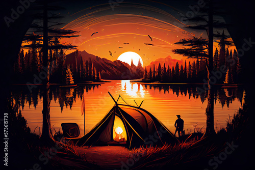 Sunrise with camping and a tent by a lake