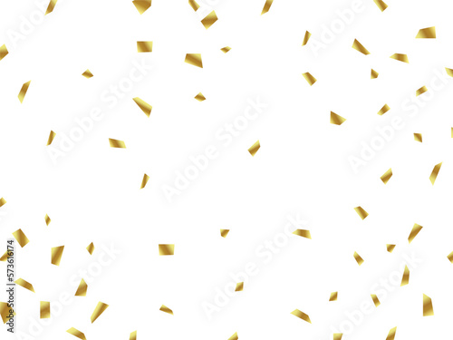 Abstract golden confetti holiday background. Falling bright gold glitter confetti, ribbon, stars celebration, serpentine, isolated on white background.