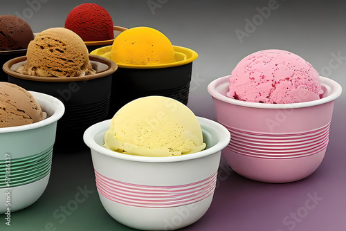 Deliciosos gelados de bola em creme de diferentes sabores photo
