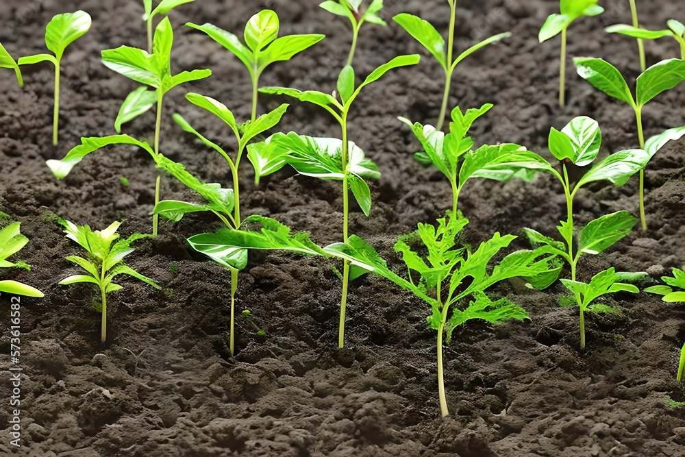 Close Up Of Tiny Green Seedlings Sprouting In The Ground Forming A Graph With Different Stages Of Growth. Generative AI Close Up Of Tiny Green Seedlings Sprouting In The Ground Forming A Graph With Different Stages Of Growth. Generative AI