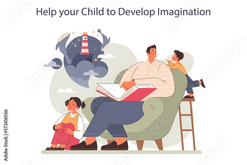 Positive parenting advice. Dad nurturing child's imagination and curiosity