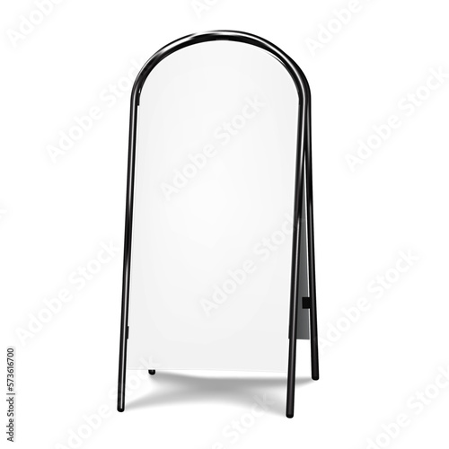 Sandwich white board vector mockup. Blank A-frame advertising display mock-up. Black metal frame outdoor sidewalk sign. Template for design