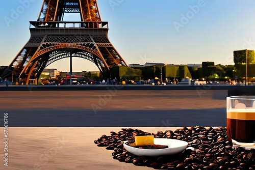 Cup Of Delicious Coffee On Blurred Background Of Paris Cozy Street And Eiffel Tower. Romantic Evening View. Based On. Generative AI